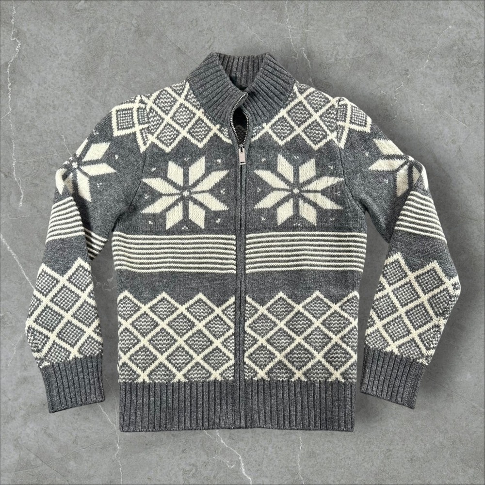 Stile Benetton Full Zip Cardigan Mens Small Grey Nordic Wool Sweater Italy